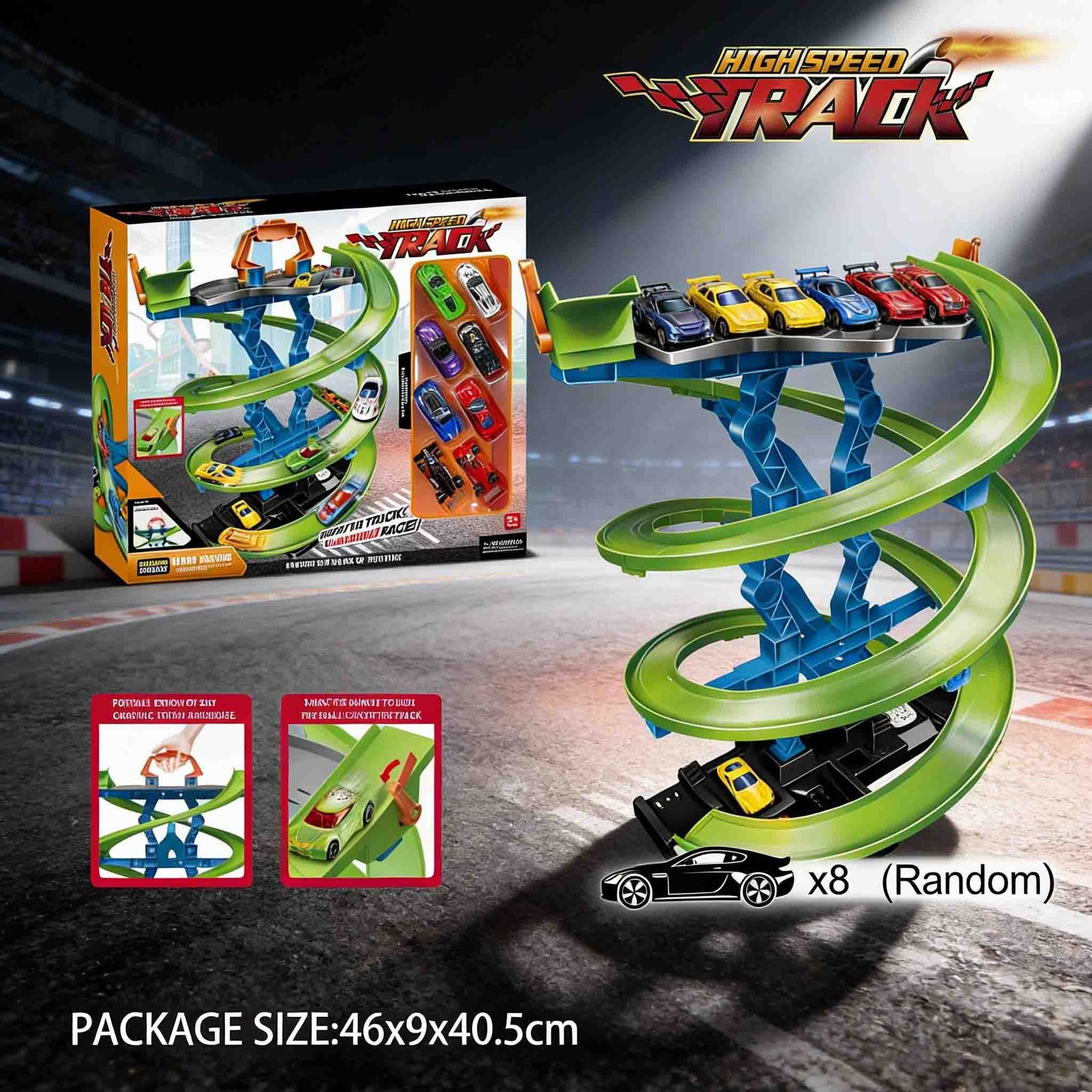High speed track spiral race track tower with 8 mini cars for kids 3+

Kids spiral car ramp tower racing track toy multi level playset

High speed race track tower toy with 8 random mini cars included

Portable spiral ramp car race track toy with carry handle design

Multi level car ramp racing tower playset for toddlers and kids