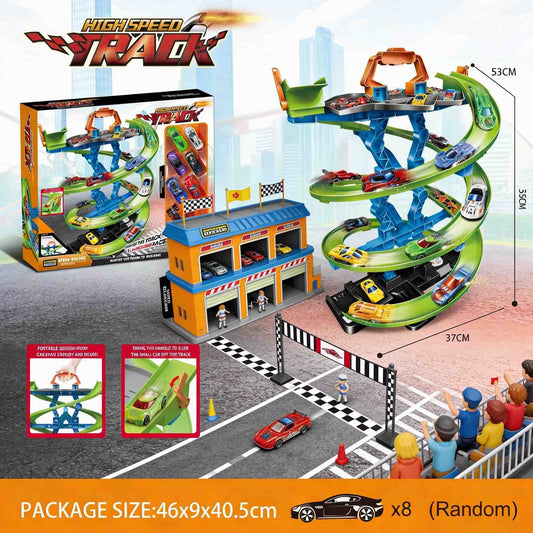 High speed track spiral race track tower with 8 mini cars for kids 3+