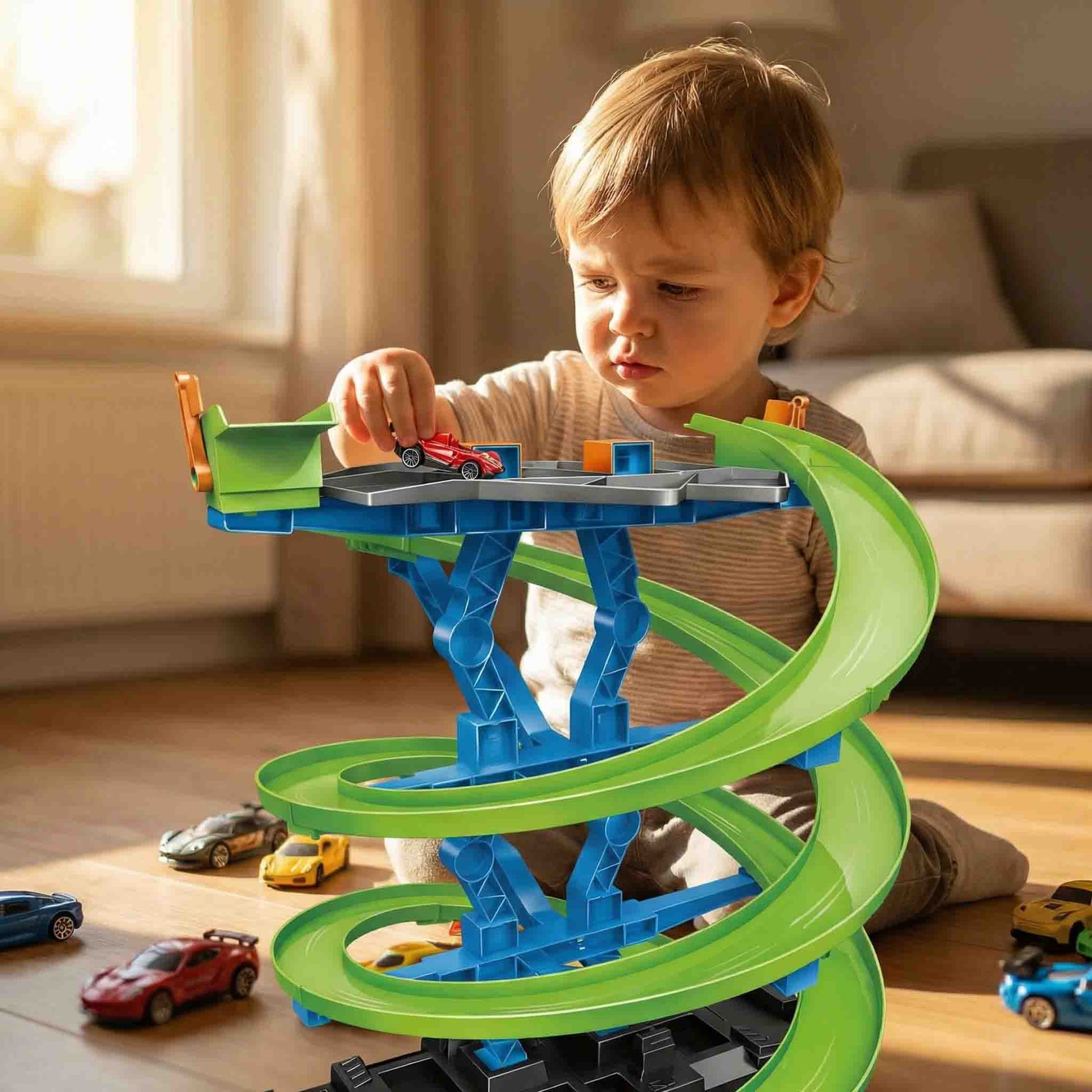 High speed race track tower toy with 8 random mini cars included