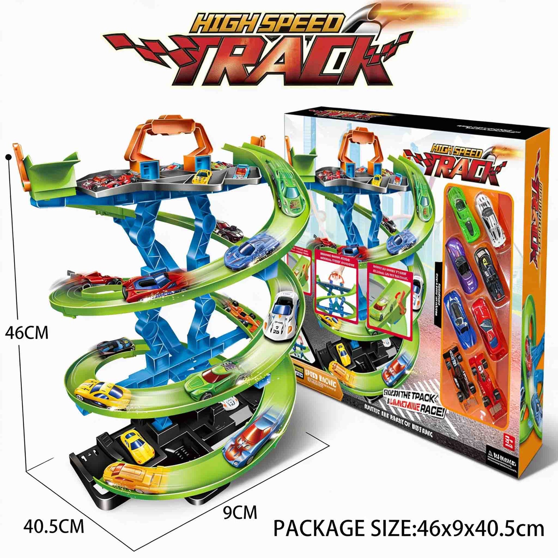 Portable spiral ramp car race track toy with carry handle design