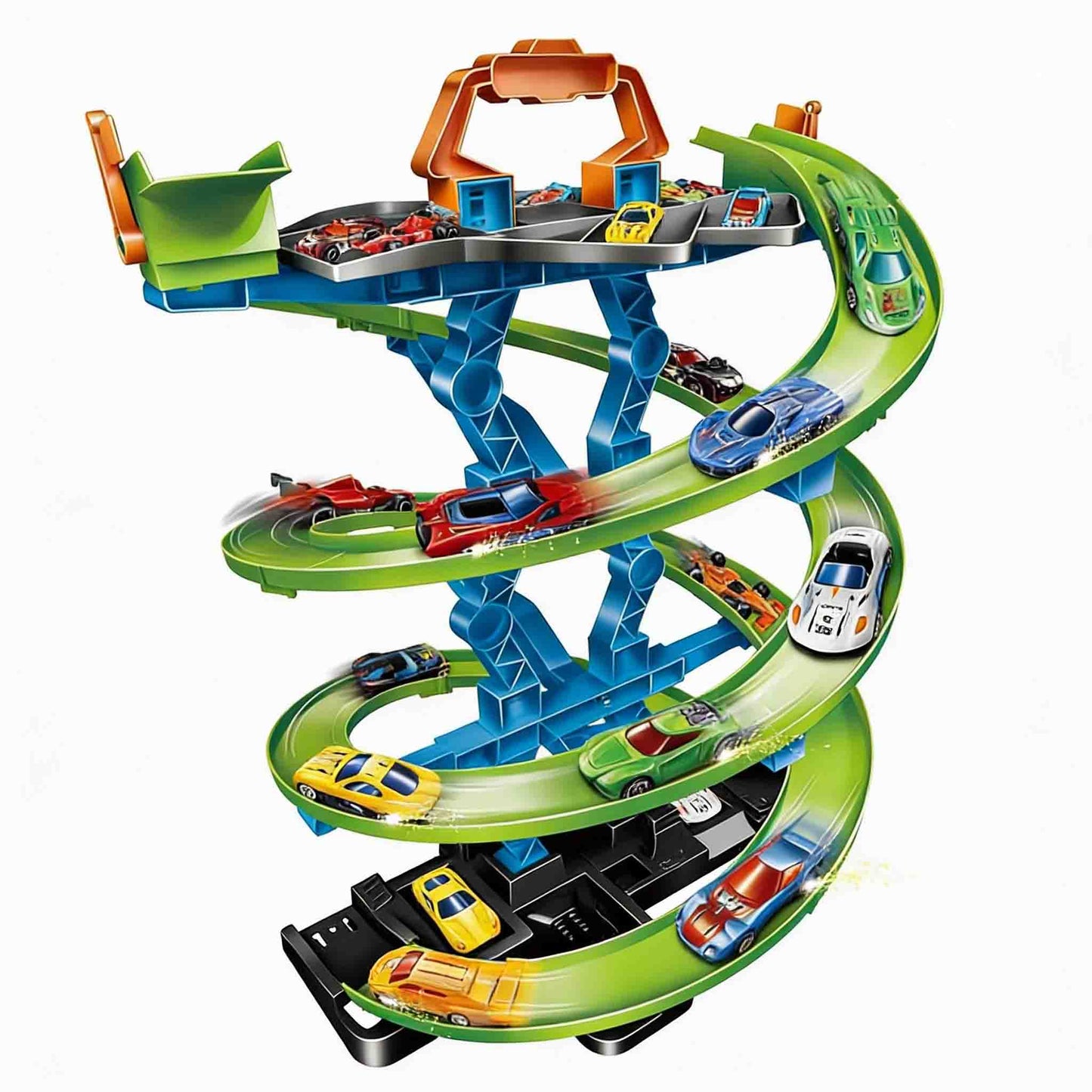 Multi level car ramp racing tower playset for toddlers and kids