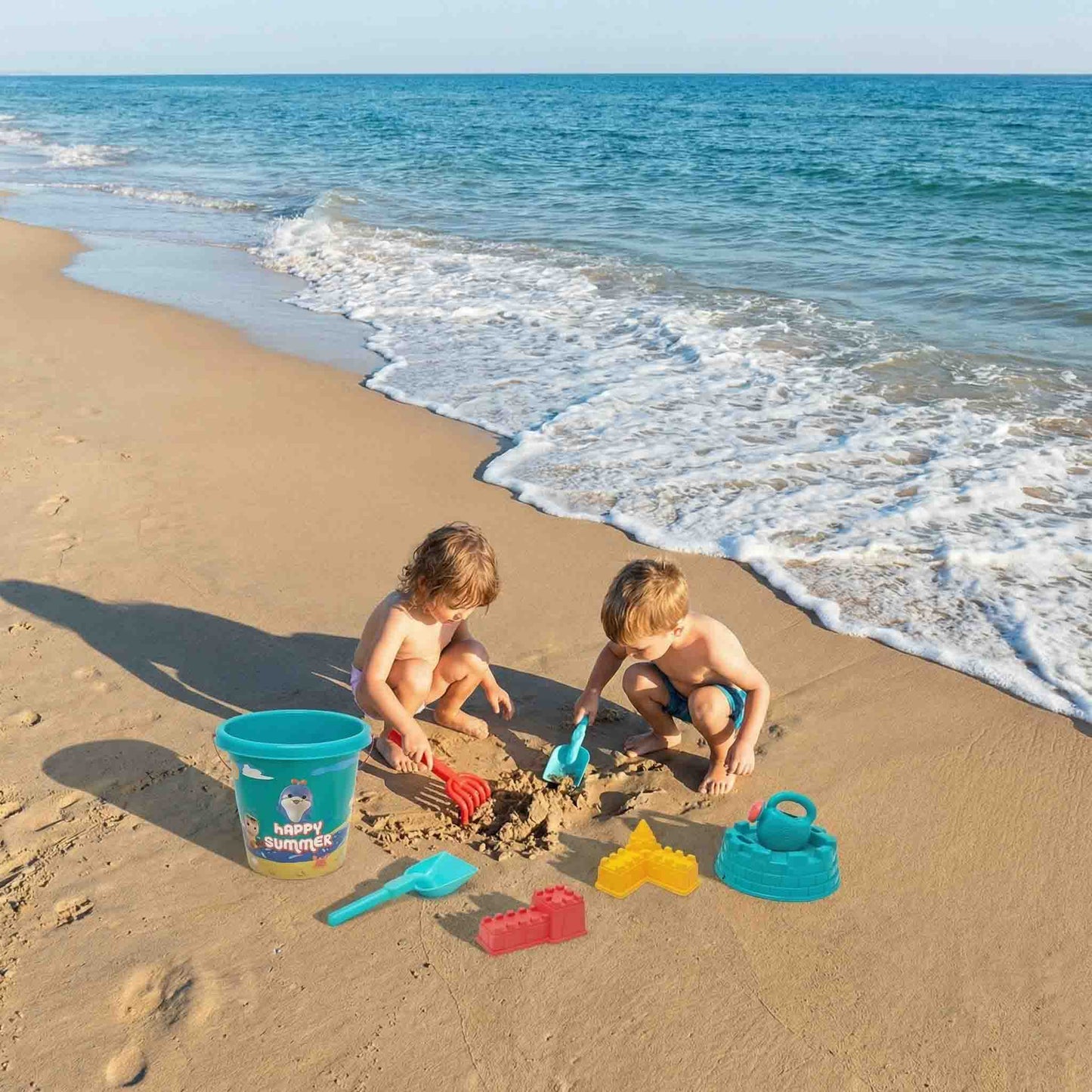 colorful kids sand toys with shovel rake and bucket