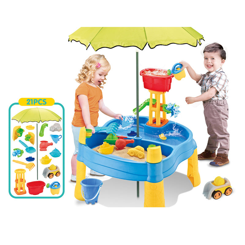 Kids Water & Sand Activity Table – Outdoor Play Set with Umbrella (21PCS)