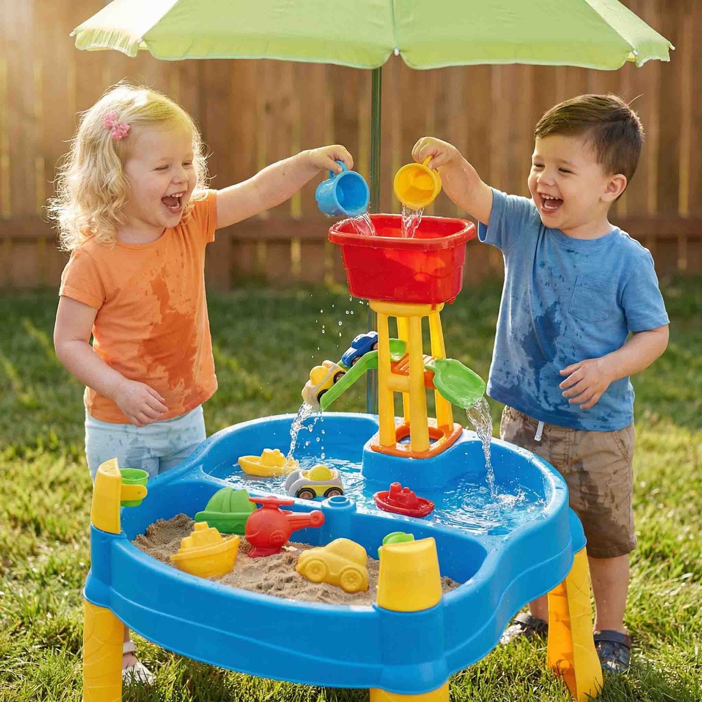Kids Water & Sand Activity Table – Outdoor Play Set with Umbrella (21PCS)