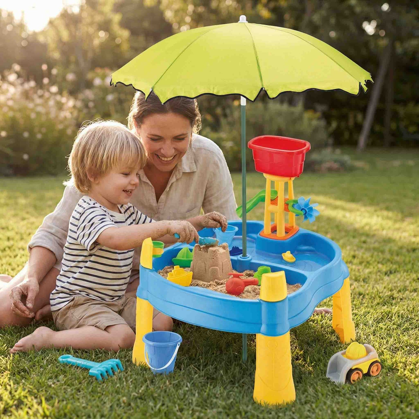 Kids Water & Sand Activity Table – Outdoor Play Set with Umbrella (21PCS)