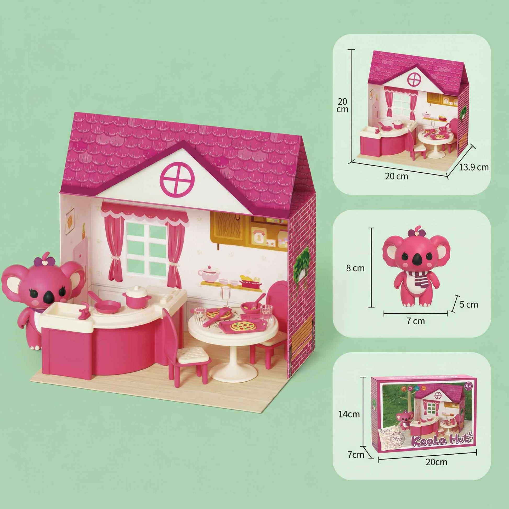 Pretend play kitchen dollhouse with koala figure