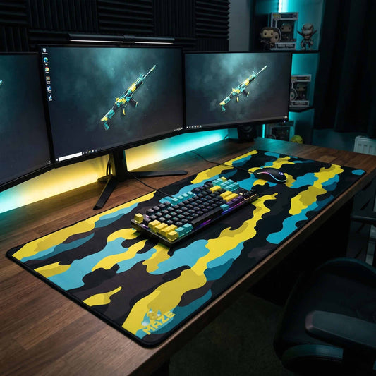MAZE Light Series Cyber lume 2XL extended gaming desk mat yellow blue camo design