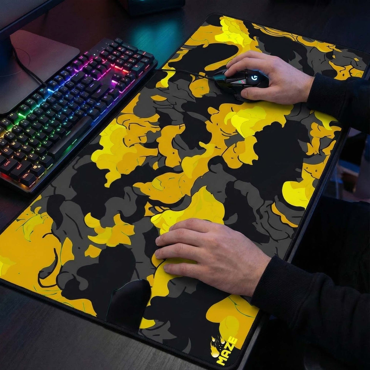 MAZE Light Series CLOUDY Y 2XL extended gaming desk mat yellow black camo design