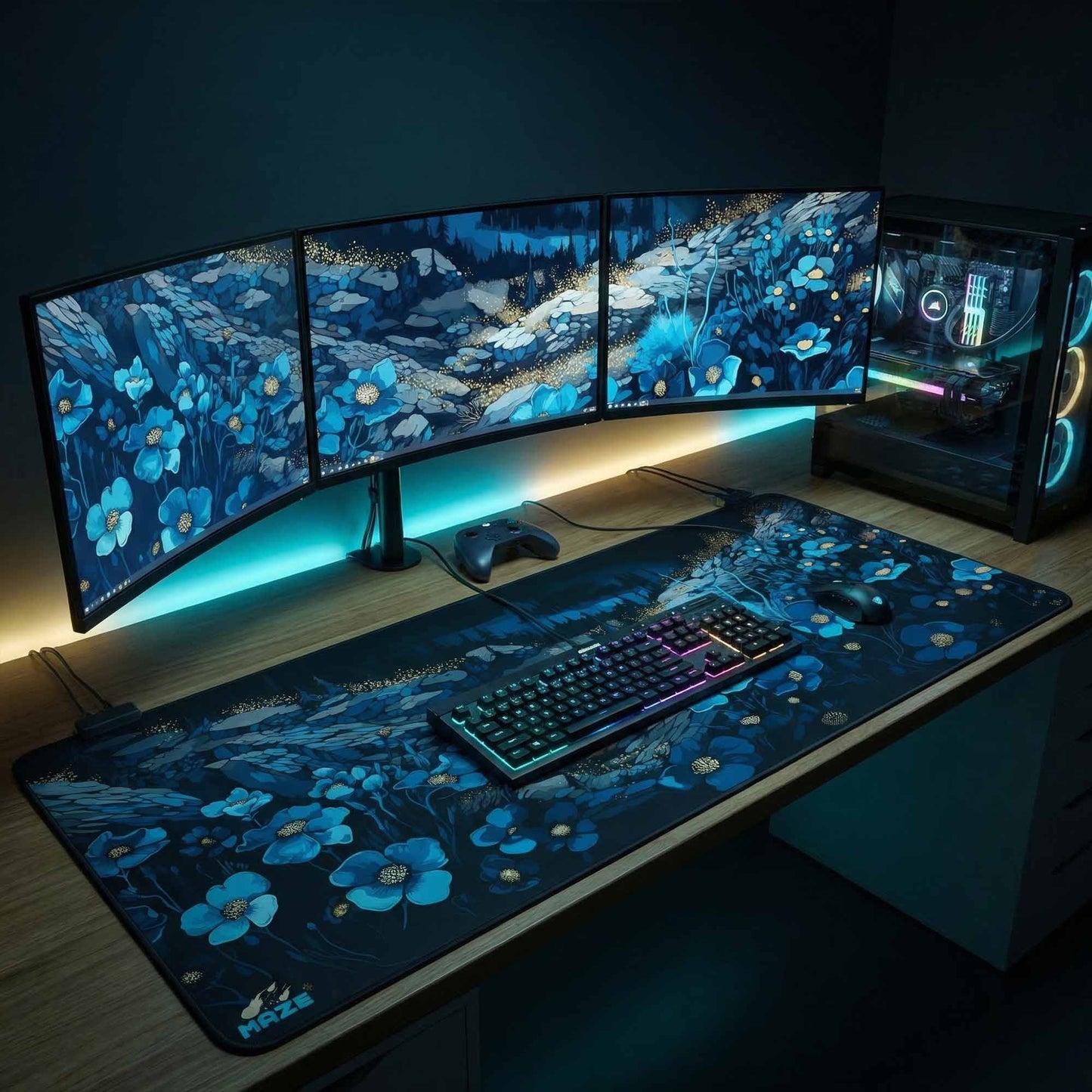 MAZE Light Series– Arcane Blue Floral 2XL Extended Gaming Desk Mat