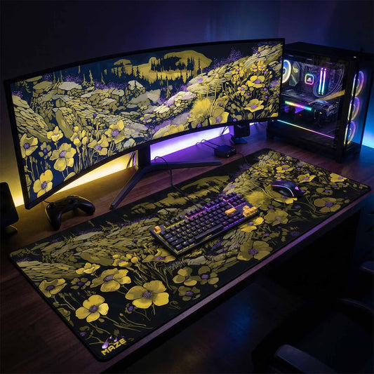 MAZE Light Series– Arcane Yellow Floral 2XL Extended Gaming Desk Mat
