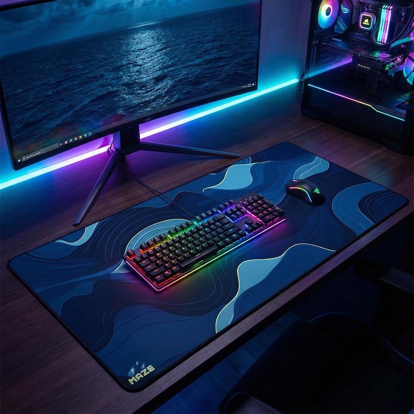 MAZE Light serie – Aura Blue 2XL Extended Gaming Desk Mat