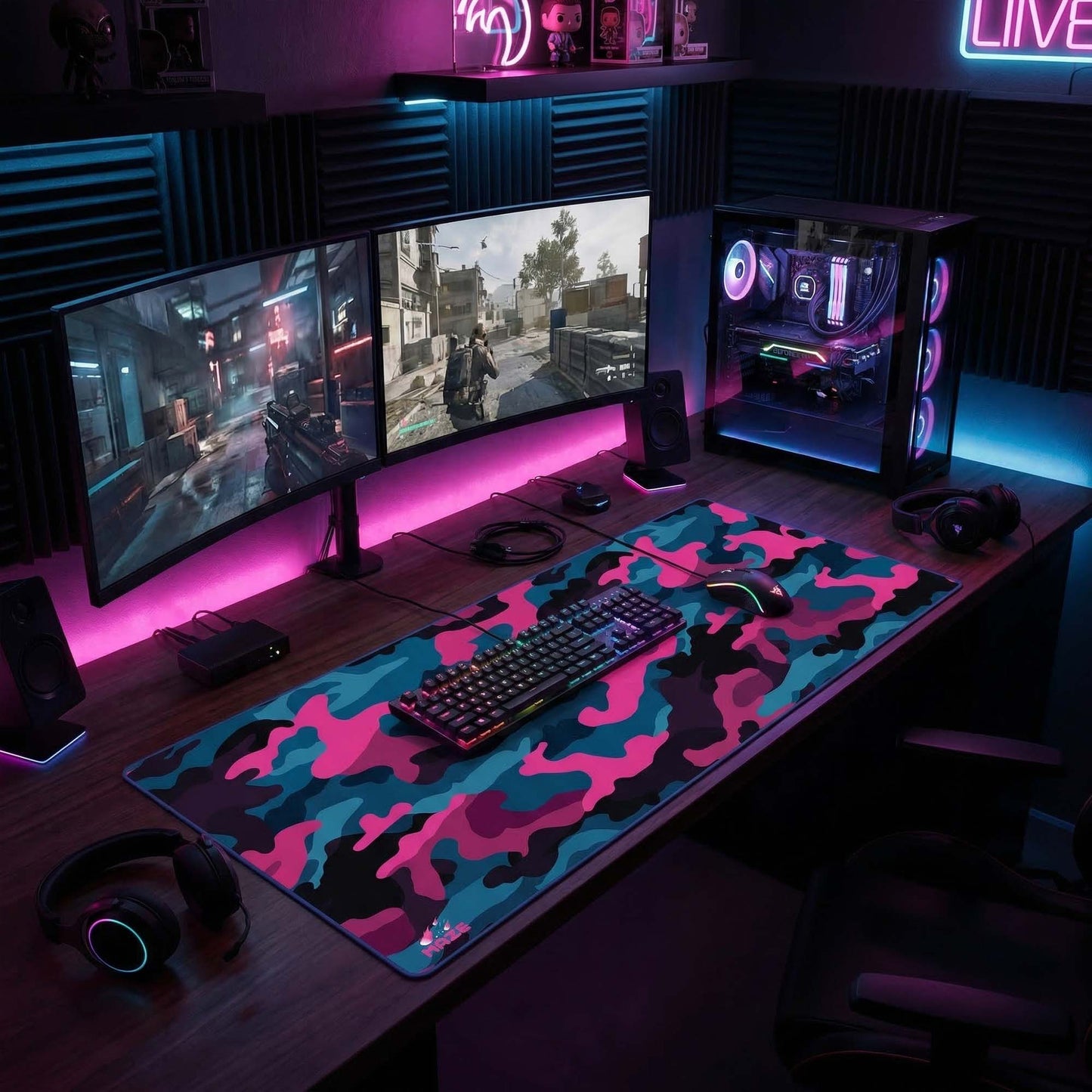 MAZE Light Series Magenta PCB 2XL extended gaming desk mat magenta blue camo design