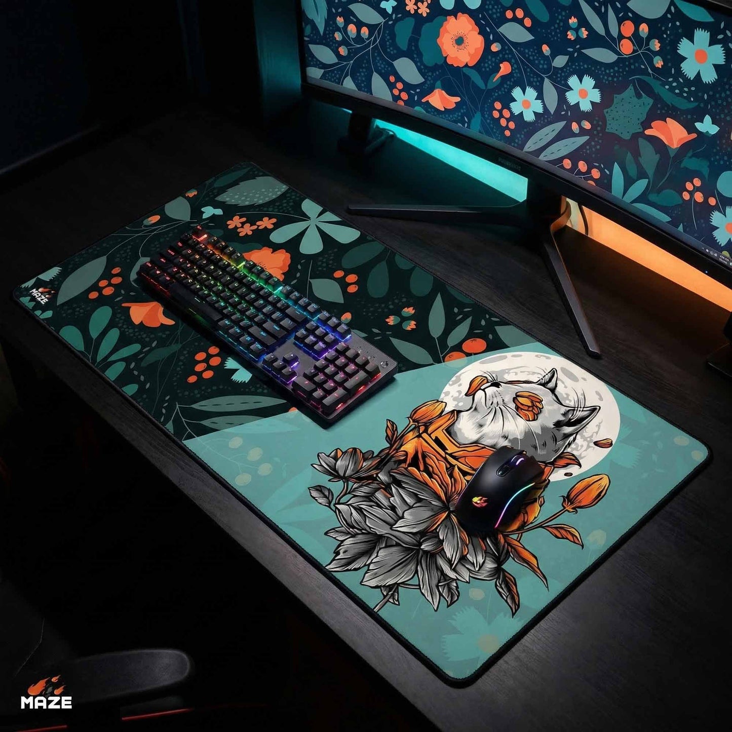 MAZE Light Series Moon GAze 2XL extended gaming desk mat fox moon floral design