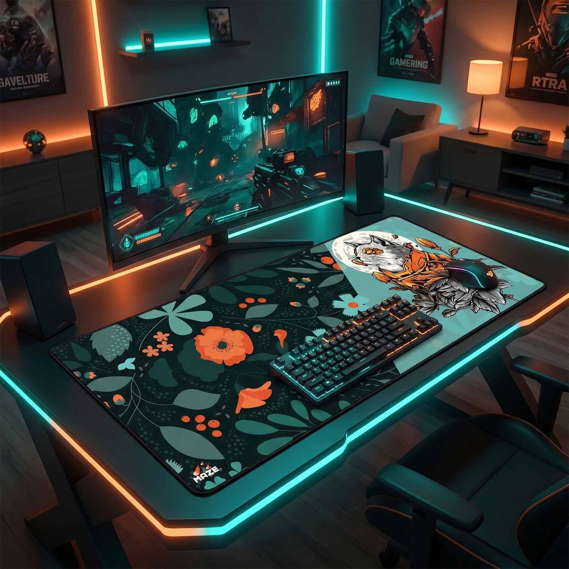 MAZE Light Series Moon GAze 2XL extended gaming desk mat fox moon floral design