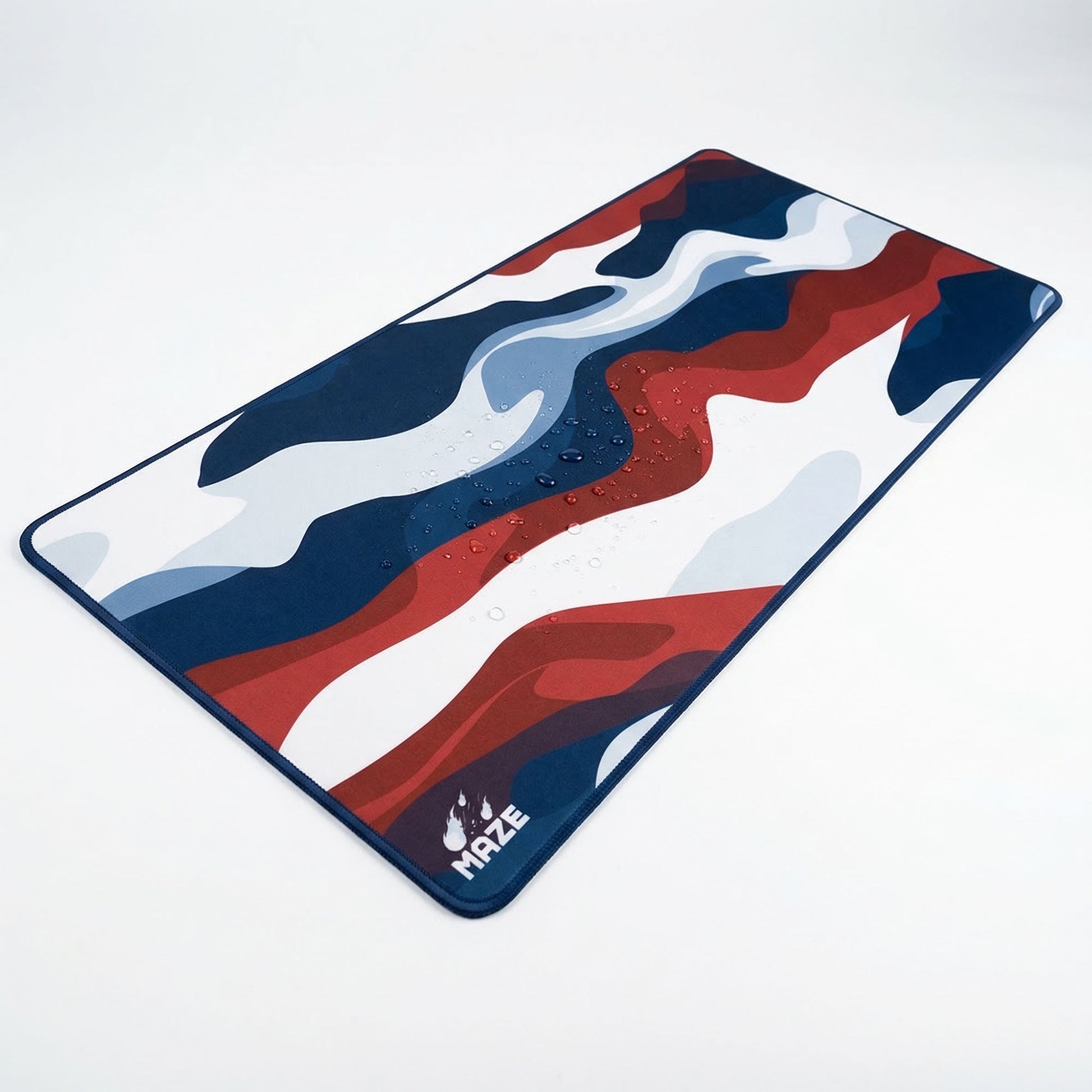 Colorful mouse pad with red, blue, and white design on a white background