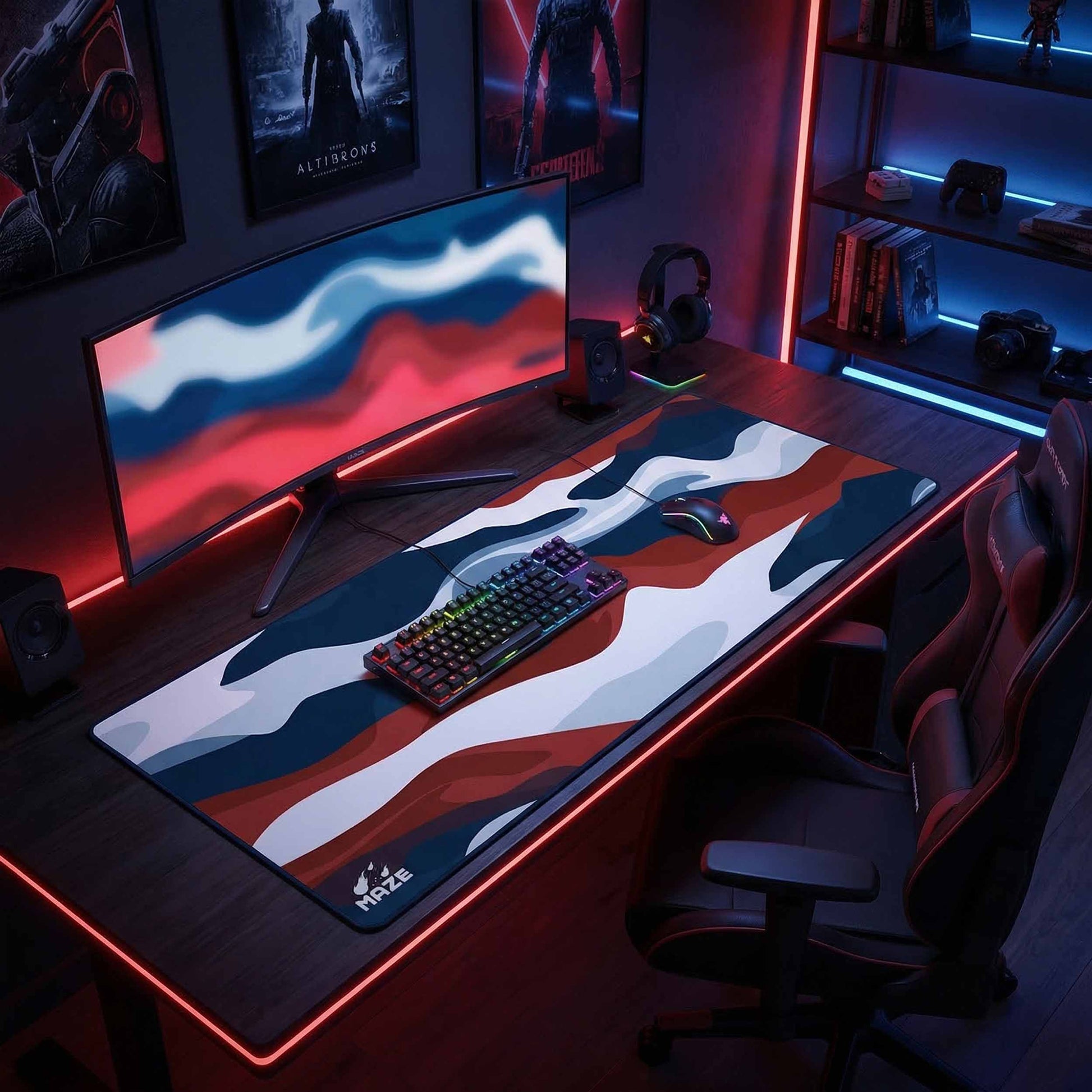 MAZE Light Series Patriot 2XL extended gaming desk mat red white blue camo design