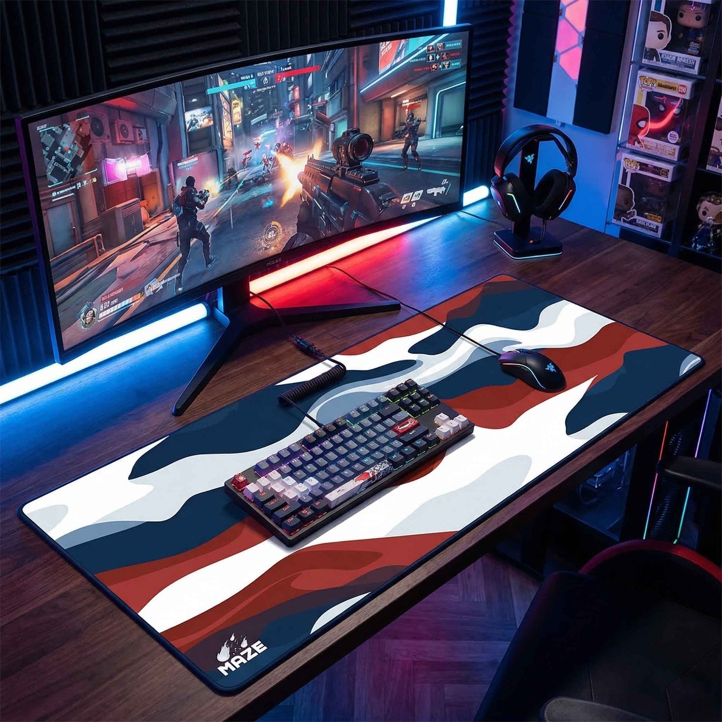 MAZE Light Series Patriot 2XL extended gaming desk mat red white blue camo design