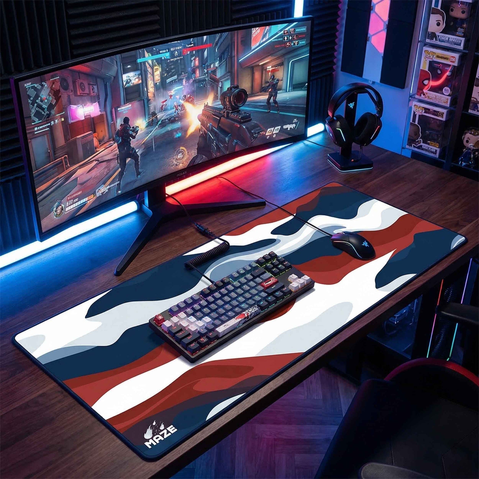 MAZE Light Series Patriot 2XL extended gaming desk mat red white blue camo design