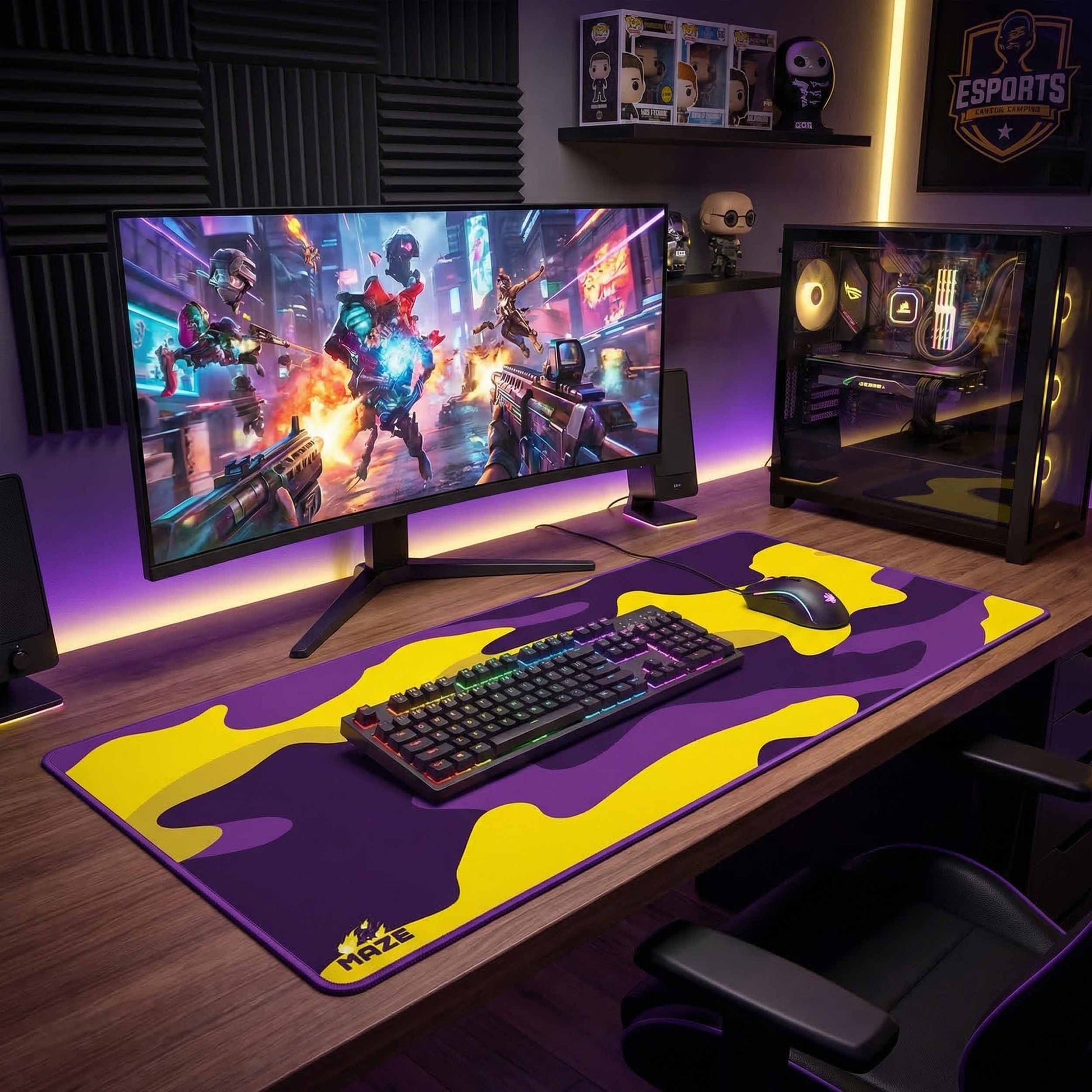 MAZE Light Series Sunburst CAMO 2XL extended gaming desk mat yellow purple camo design