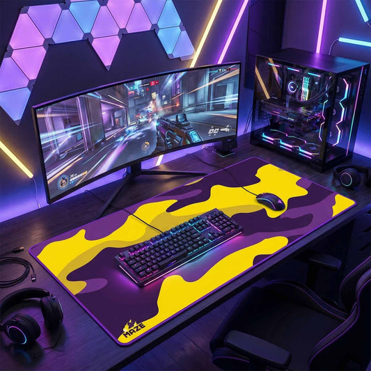 MAZE Light Series Sunburst CAMO 2XL extended gaming desk mat yellow purple camo design