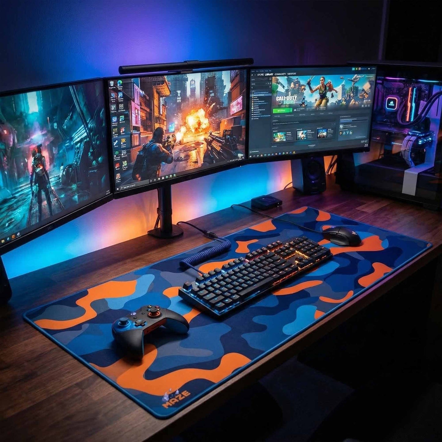 MAZE Light Series Surge CAMO 2XL extended gaming desk mat blue orange camo design