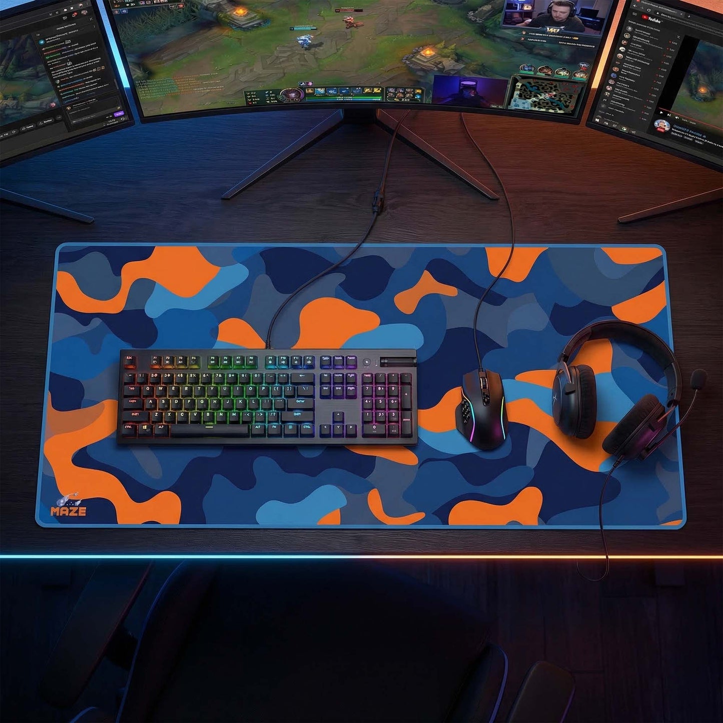 MAZE Light Series Surge CAMO 2XL extended gaming desk mat blue orange camo design