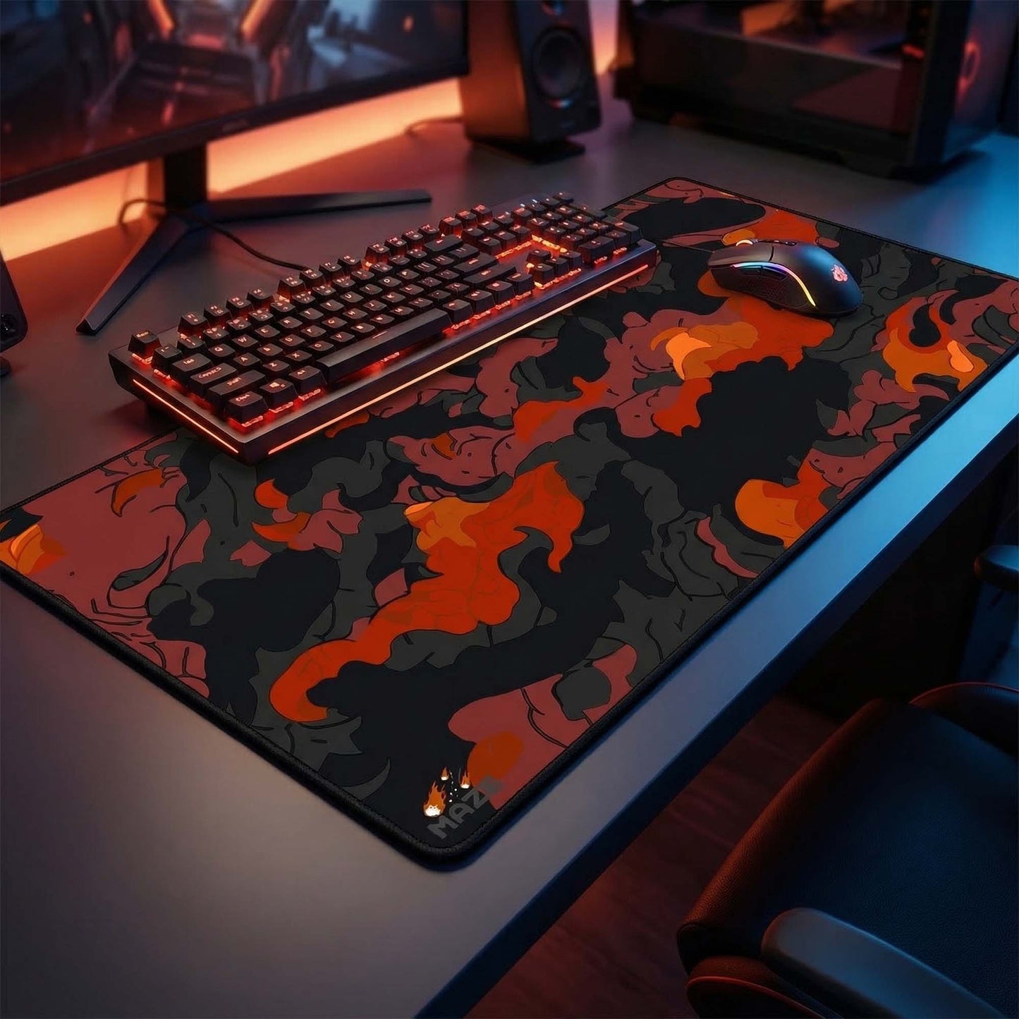 Gaming setup with keyboard, mouse, and camouflage mouse pad on a desk.