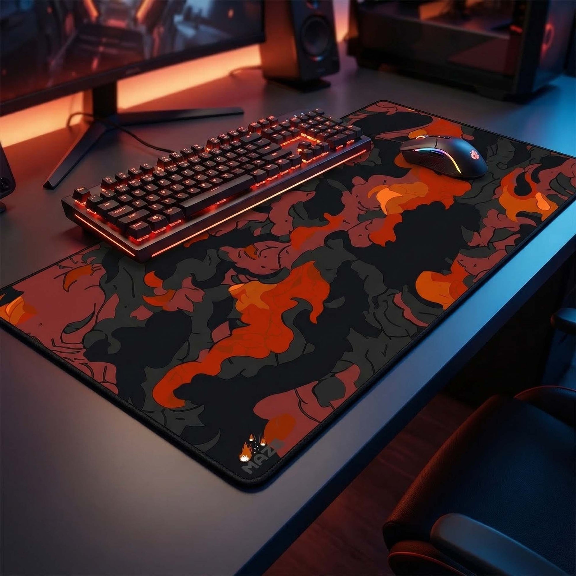 Gaming setup with keyboard, mouse, and camouflage mouse pad on a desk.