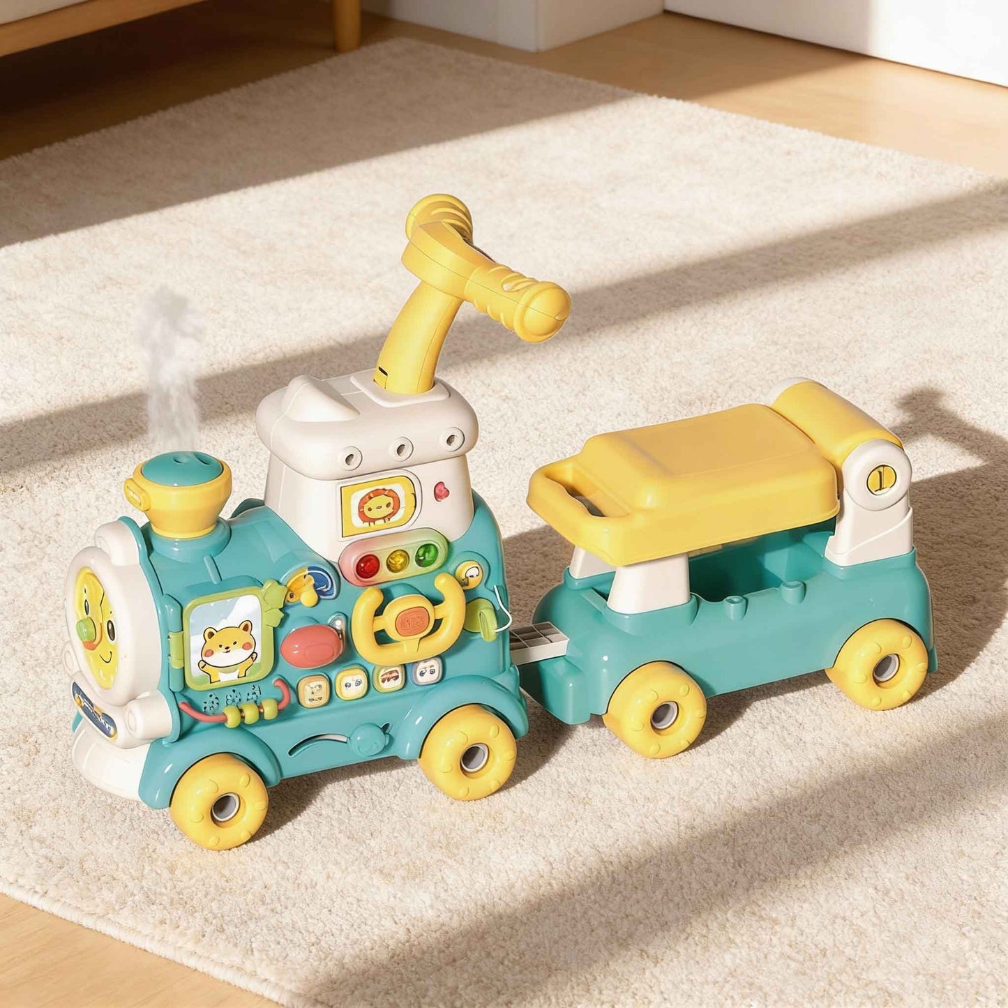 Toddler push walker and ride-on train toy with steam spray function