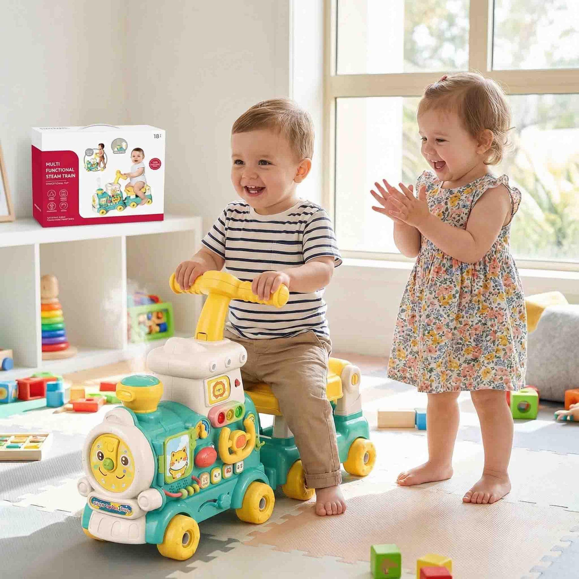 Steam spray train walker toddler educational toy with interactive cockpit