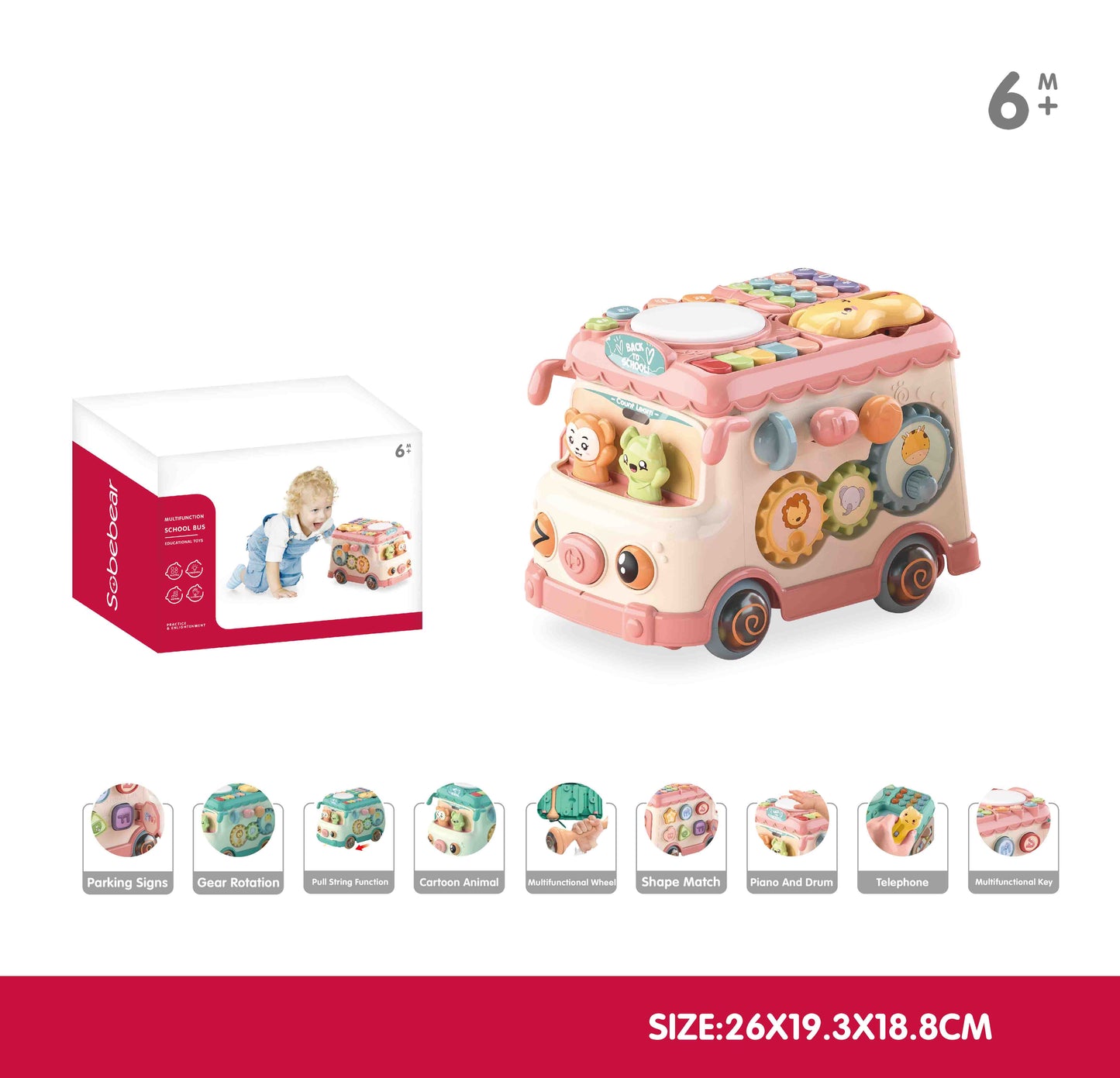 Interactive baby bus activity toy pastel design with keys and wheels