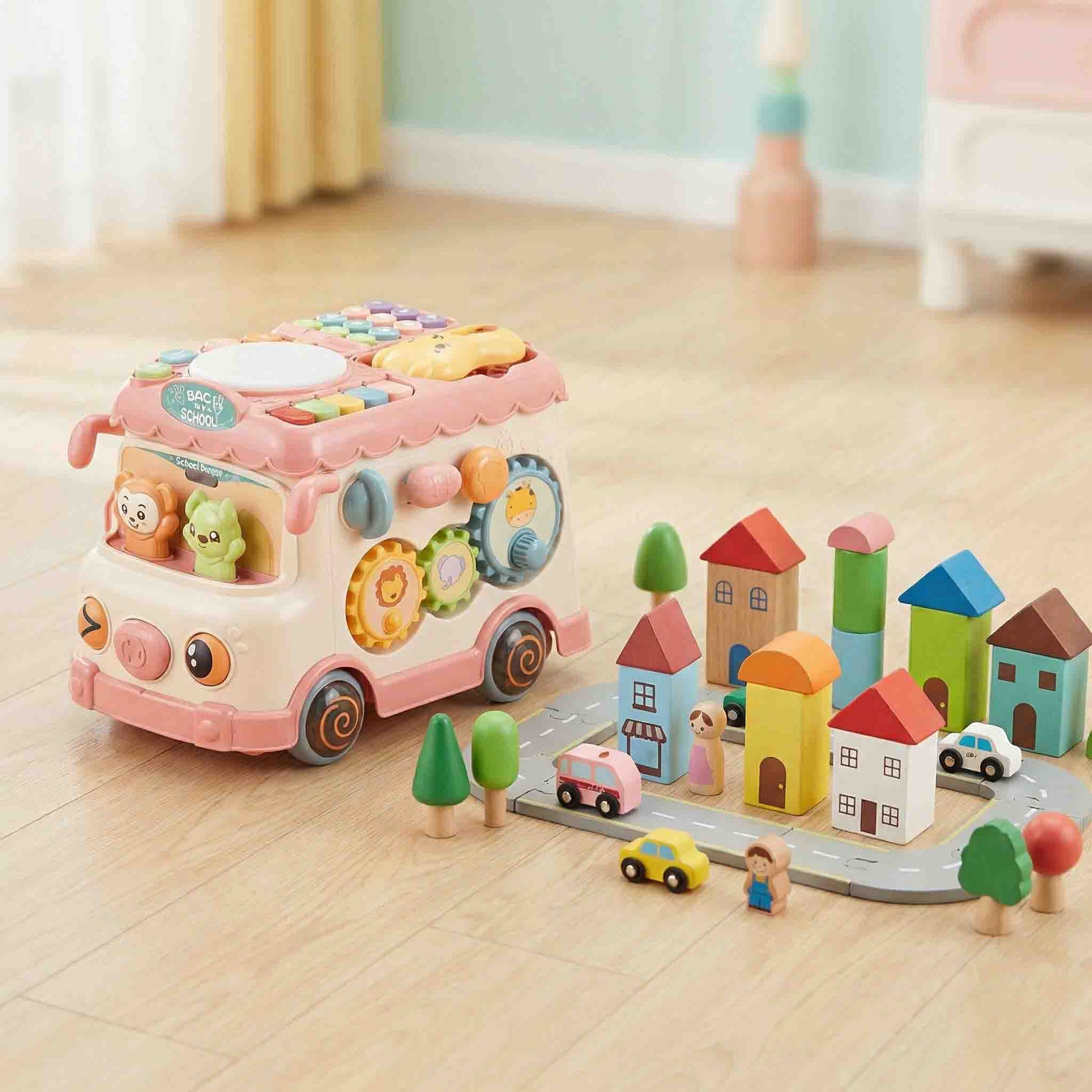 Musical pull along school bus learning toy with piano and drum
