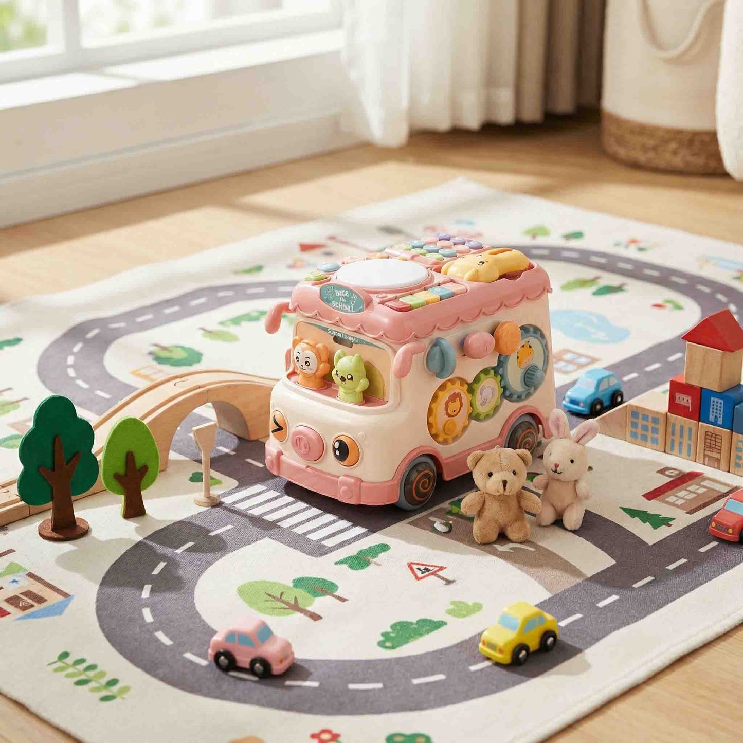 Baby educational activity bus toy with gear rotation and buttons
