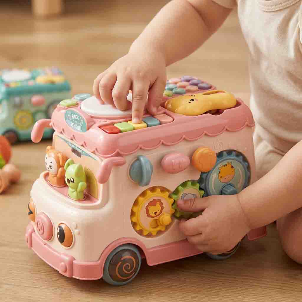 Cute cartoon animal school bus toy with telephone pretend play