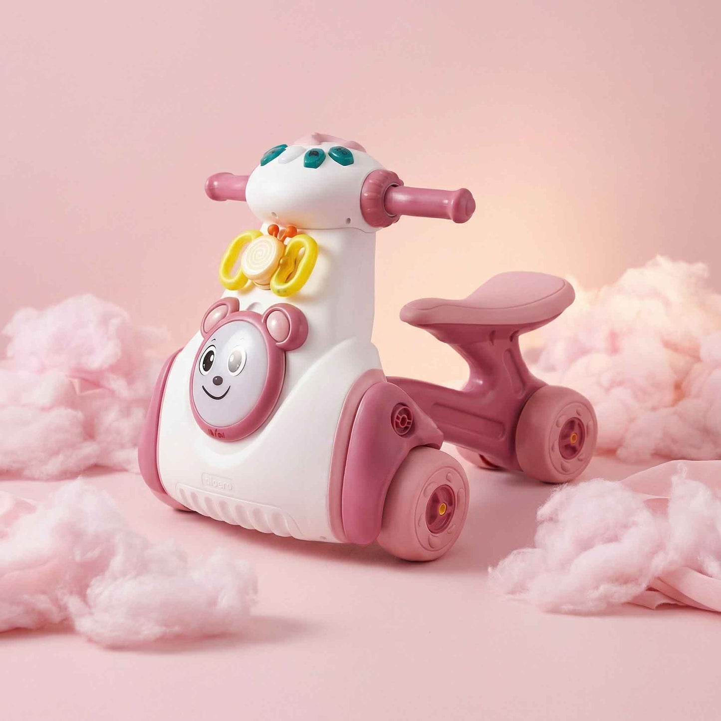 Indoor baby ride-on scooter toy with ergonomic seat and stable wheel base