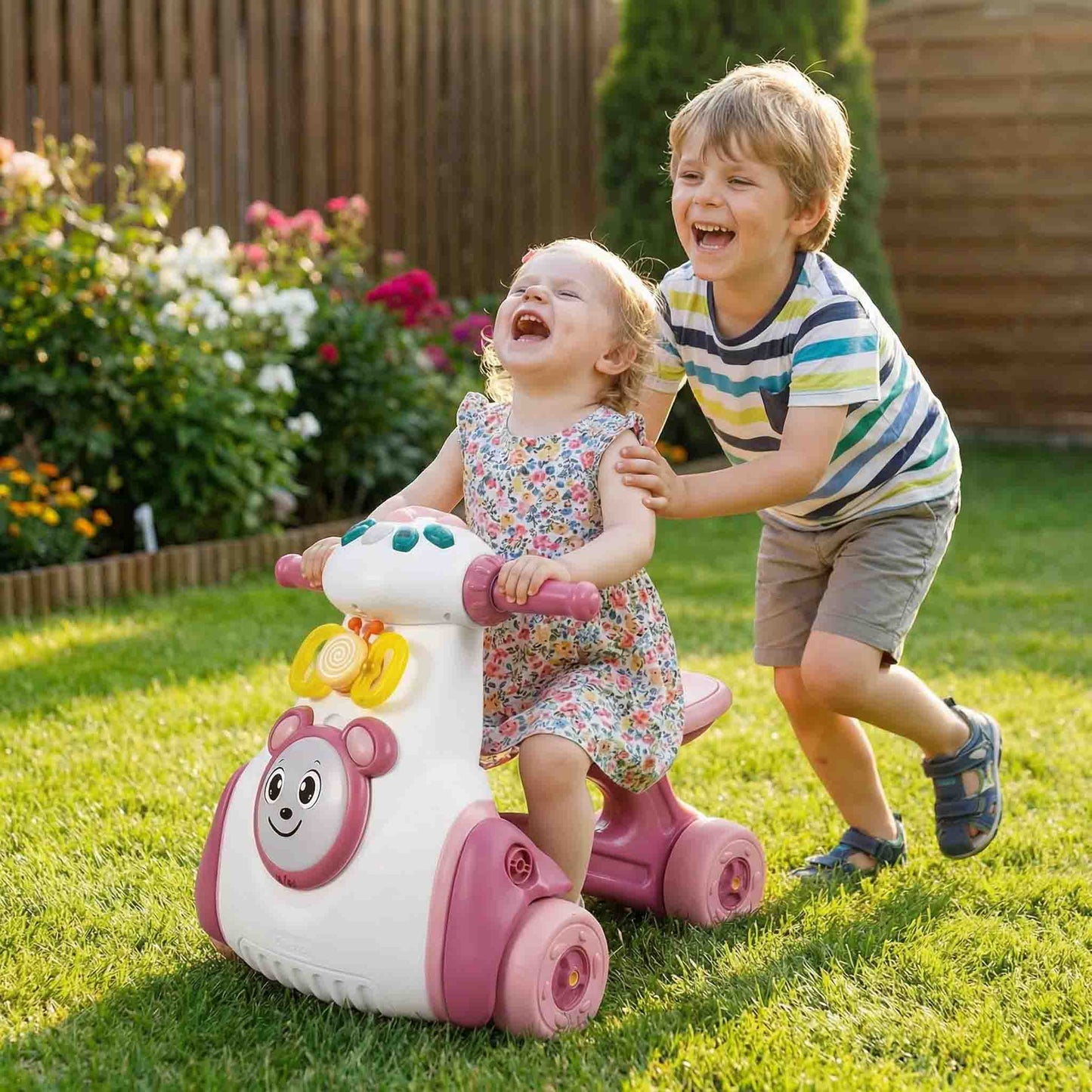 Musical toddler ride-on push walker for balance, coordination and sensory development