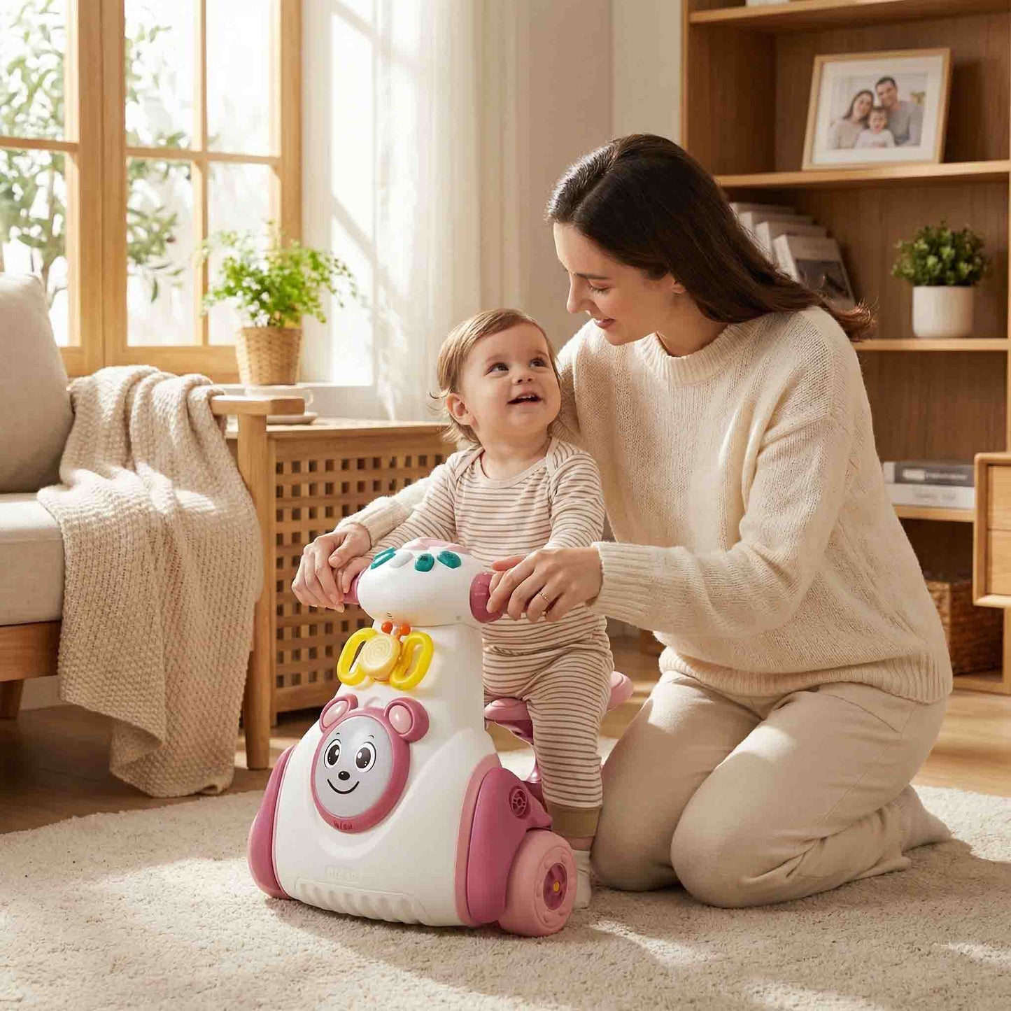 Cute animal-themed baby ride-on scooter toy available in blue and pink colors