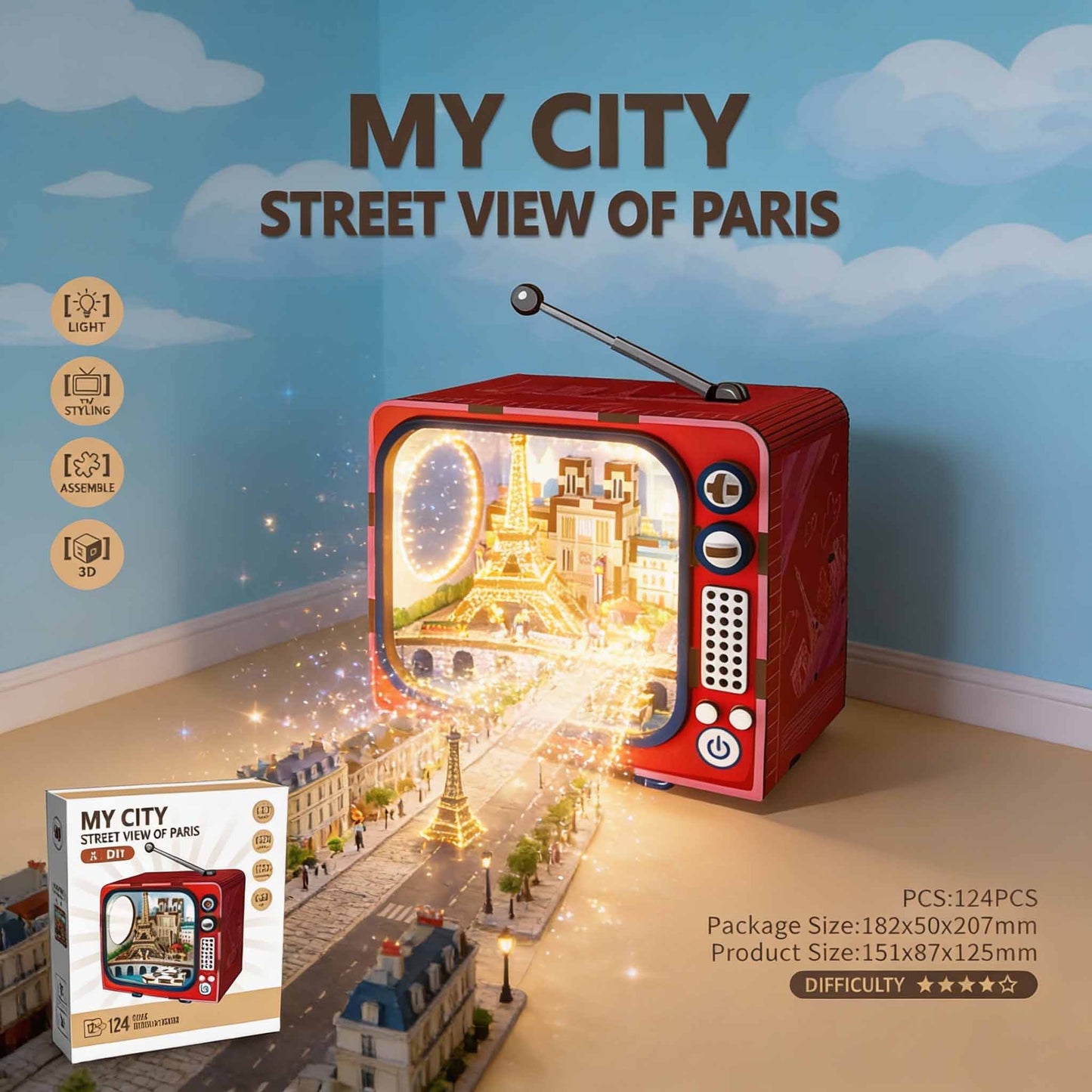My City Street View of Paris – DIY 3D Model Kit with Light (124 PCS)