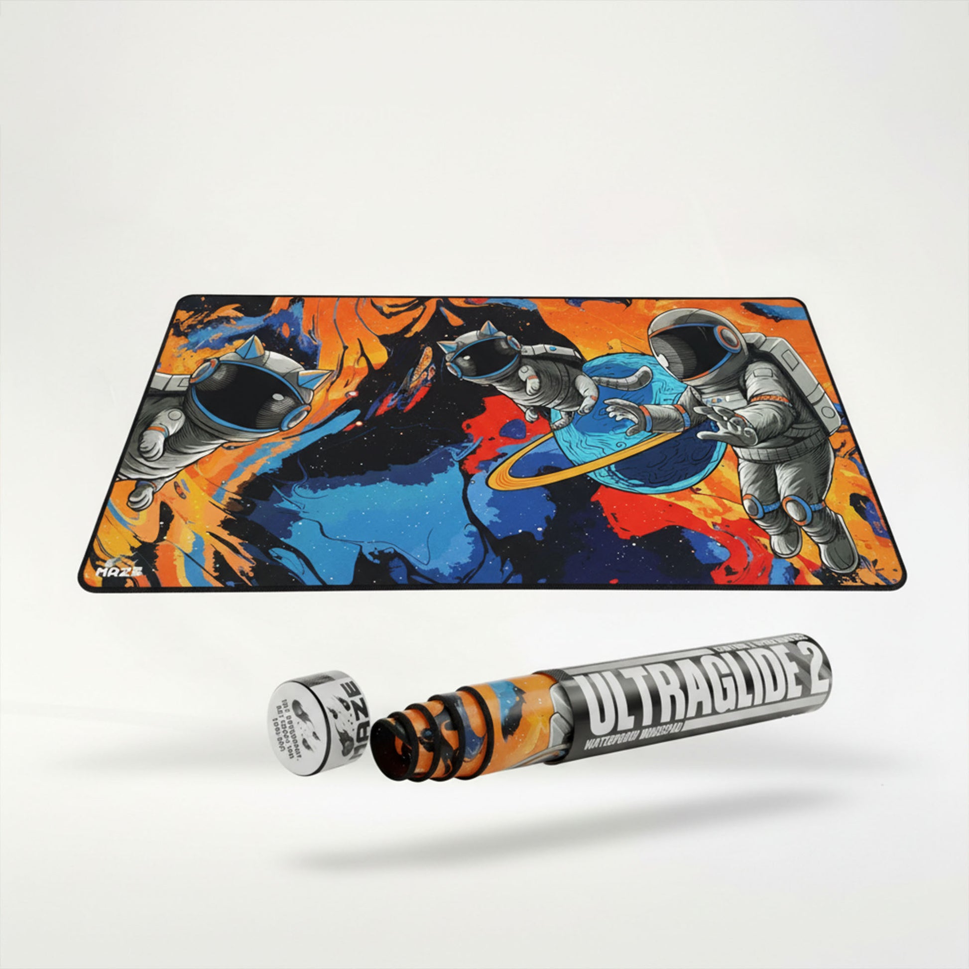 Colorful mouse pad with space-themed design and a tube of UltraGlide product on a white background