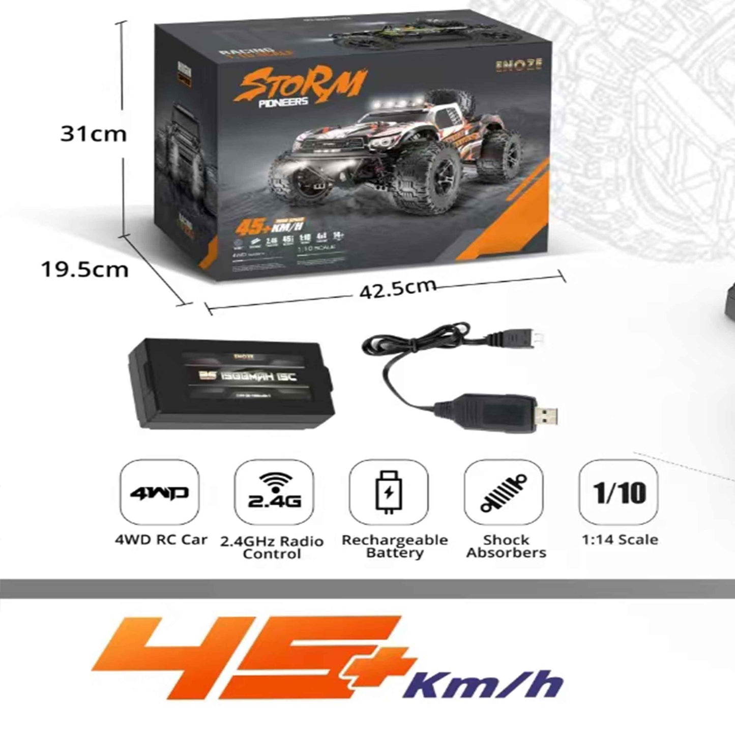 1:10 STORM Pioneers 4WD High Speed RC Off-Road Truck (Black/Orange) – 2.4GHz Remote, 45+ km/h