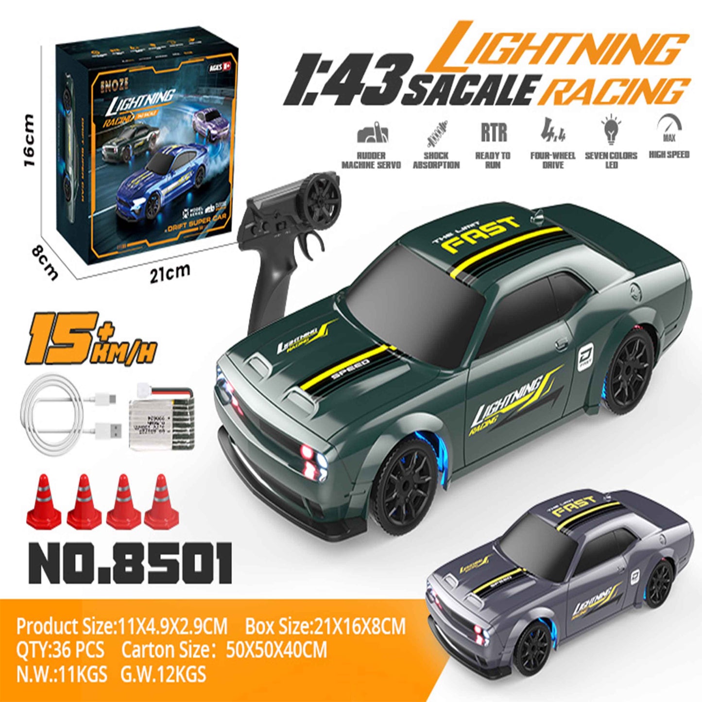 Lightning Racing 1:43 4WD RC Drift Car (Green) – 7-Color LED, 2.4GHz, USB Rechargeable, 15+ km/h