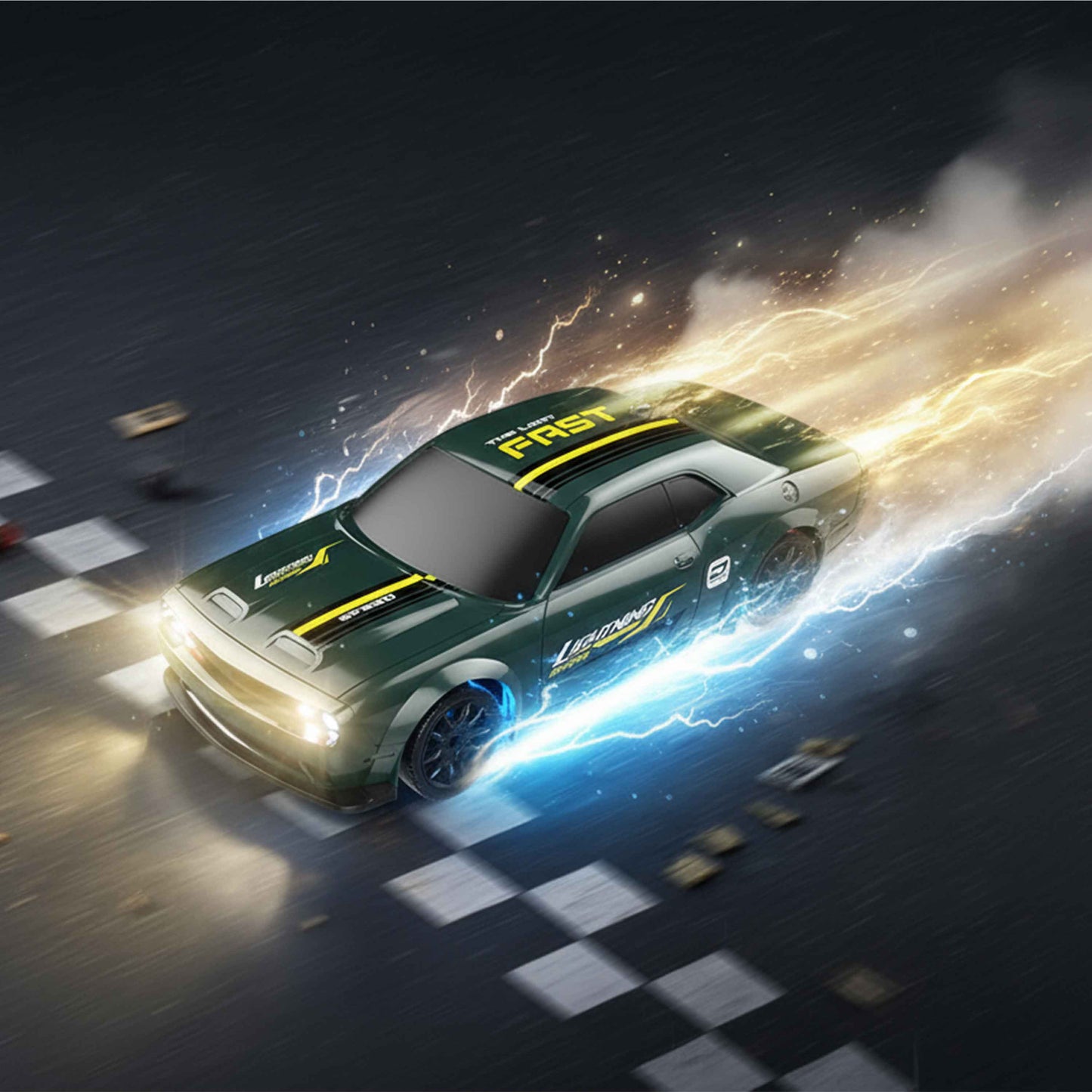 Lightning Racing 1:43 4WD RC Drift Car (Green) – 7-Color LED, 2.4GHz, USB Rechargeable, 15+ km/h