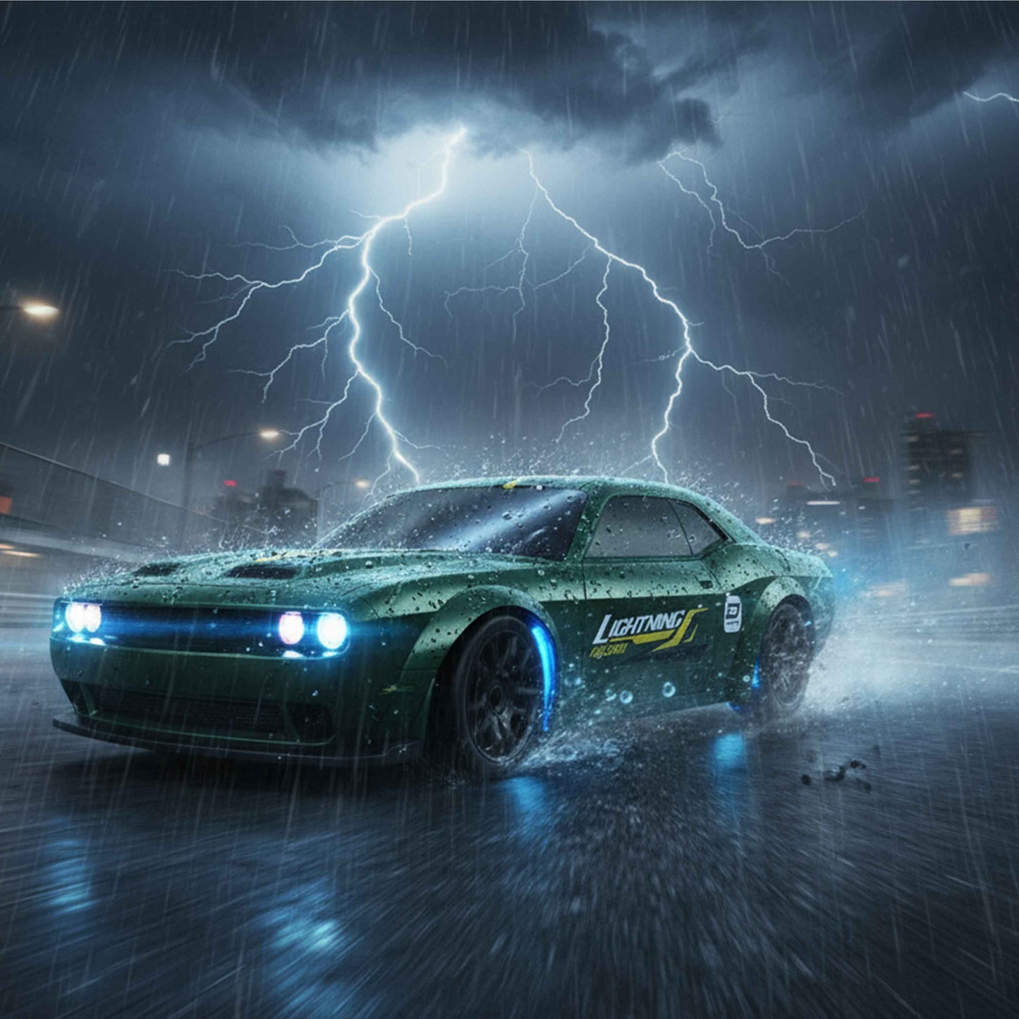 Lightning Racing 1:43 4WD RC Drift Car (Green) – 7-Color LED, 2.4GHz, USB Rechargeable, 15+ km/h