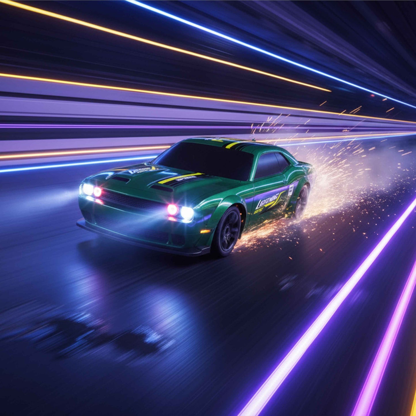 Lightning Racing 1:43 4WD RC Drift Car (Green) – 7-Color LED, 2.4GHz, USB Rechargeable, 15+ km/h