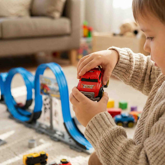 Double loop racing track set with 2 cars for kids ages 3+