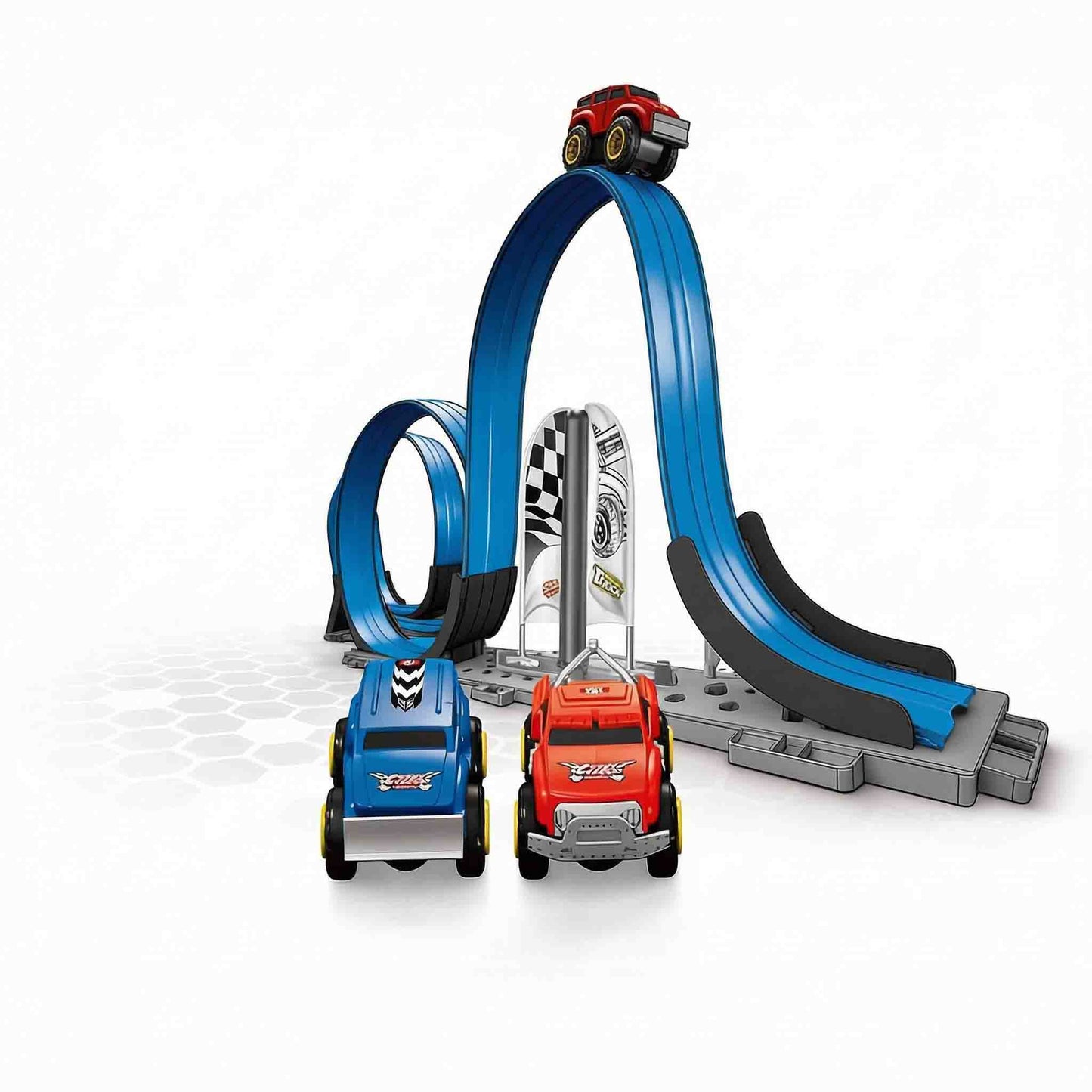 Double loop car track toy set with blue and red cars included