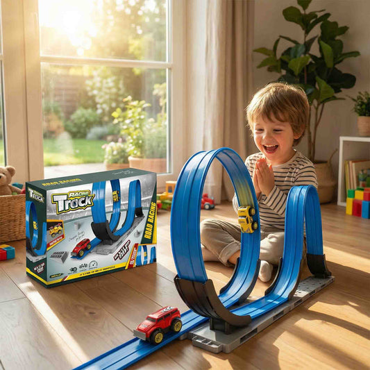Kids road racing track toy with inertial driving stunt loops