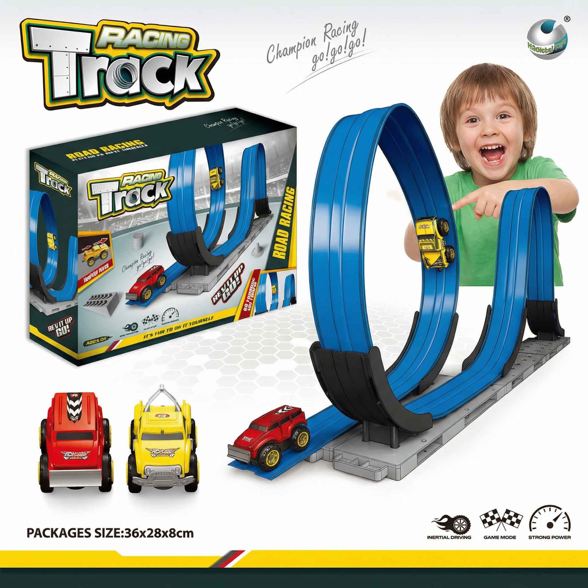 Double loop racing track set with 2 cars for kids ages 3+

Kids road racing track toy with inertial driving stunt loops

Racing track loop toy set with red and yellow cars included

Double loop car track set with strong power and game mode

Indoor kids racing track toy loop stunt track set