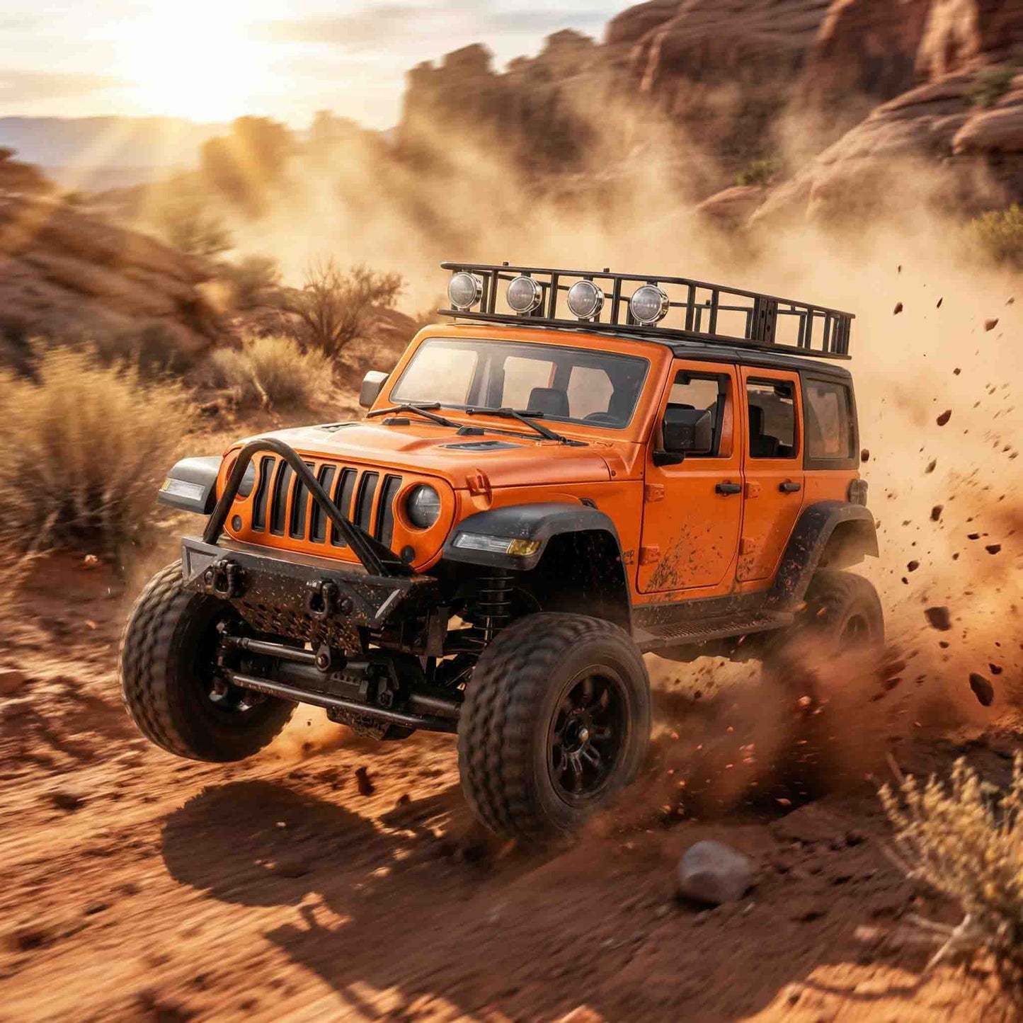 RC rock crawler jeep toy car with realistic body design, working lights, and shock absorbers
