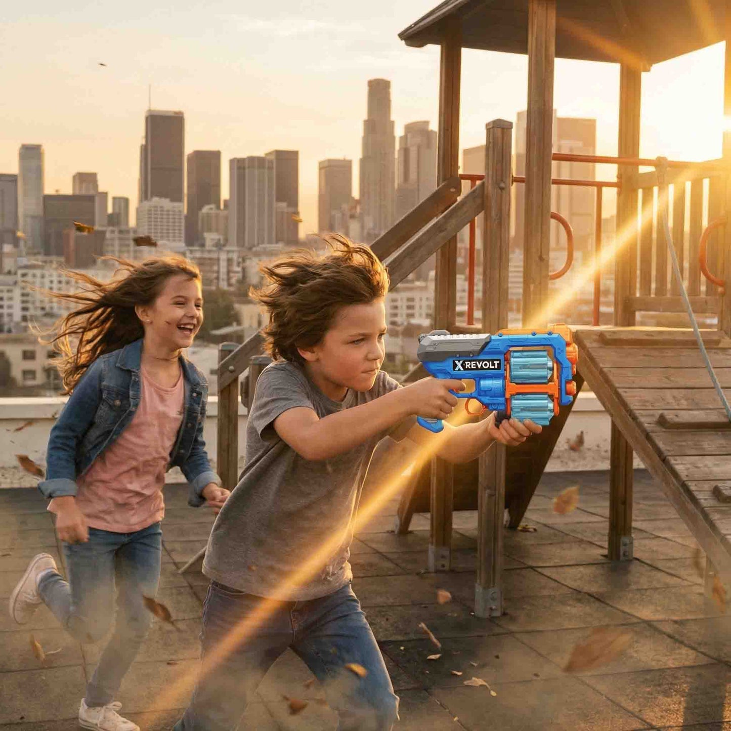 Kids revolver-style foam dart blaster with manual firing system and ergonomic grip design